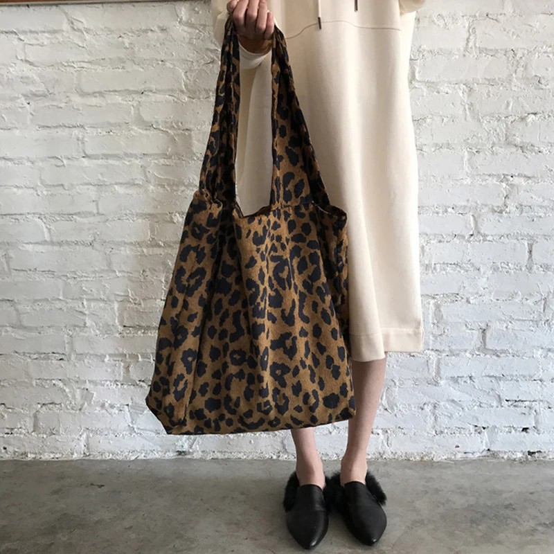 2023 Leopard Print Ladies Cloth Bag Women Shopping Tote Shopping Bags Foldable Eco Reusable Shoulder Shopper Bag Handbags