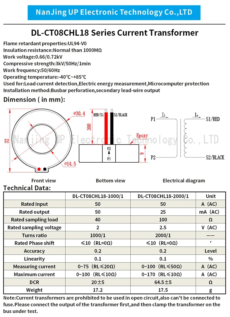 Micro Precision Current Sensor Transformer DL-CT08CHL18 50A/50mA 1000/1 50A/25mA 2000/1 AC High Quality Current Transformer CT