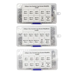 320Pcs/set M2/M2.5/M3 304 Stainless Steel Hexagon Socket Head Cap Screws Bicycle Hex Bolts and Washers Assortment Kit
