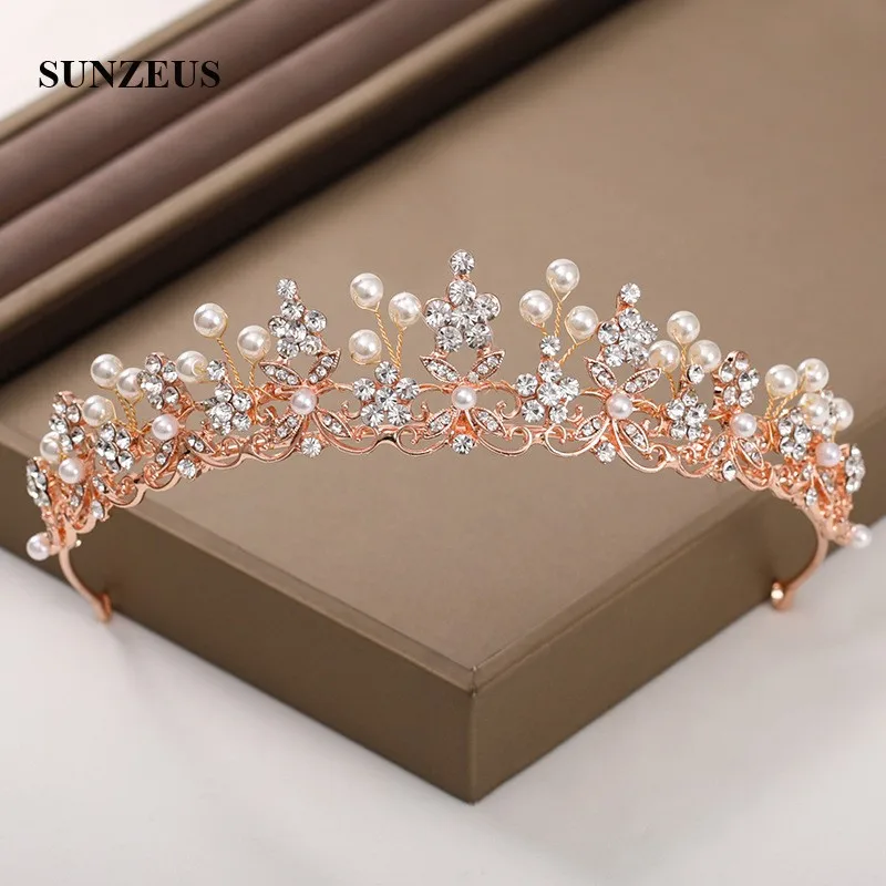 Hoa Hồng Vàng Đảng Mũ Trùm Đầu Tinh Thể Cô Dâu Mũ Cưới Tiaras Với Quả Lê Nữ Băng SQ479