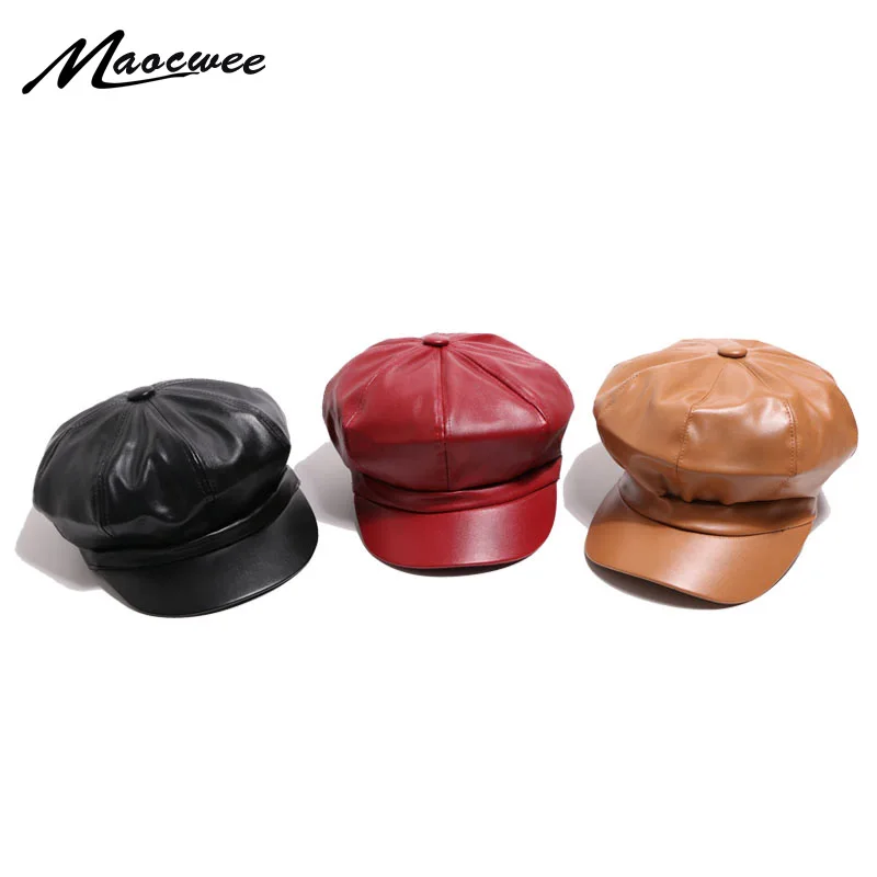 Autumn Retro literary female hat Leather octagonal cap Pu high quality winter Painter hats