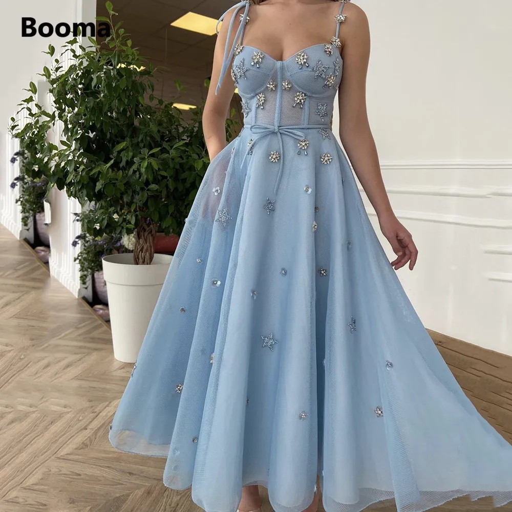 Booma Mesh Net Tulle Prom Dresses Baby Blue Spaghetti Straps A-Line Party Dresses Crystals Tea-Length Short Formal Gowns