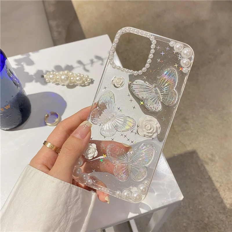 Qianliyao Cute 3D Bow Pearl Rose Phone Case For iPhone 16 15 14 13 12 11 Pro XS Max XR X 8 7 Plus Sequins Soft Shockproof Cover