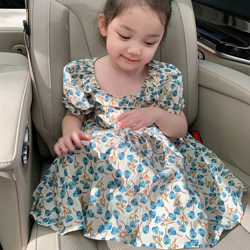 Summer Girls Dress Small Floral Plaid Princess Dress 2021Small Fresh Short-Sleeved Baby Kids Clothes Children\'S Clothing