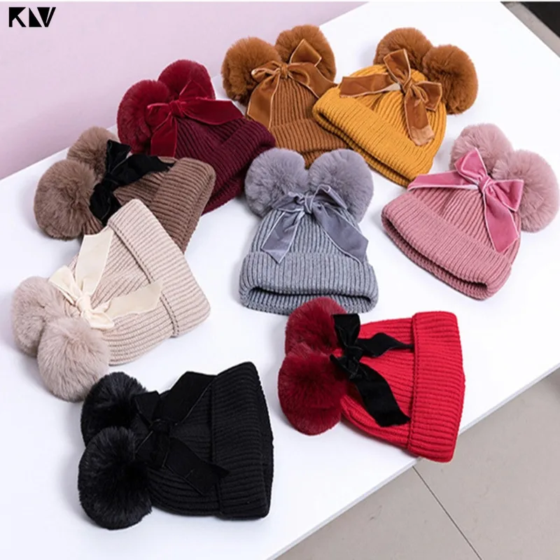 KLV – chapeau tricoté pour bébé fille, chaud, épais, à Double pompon, pour enfant