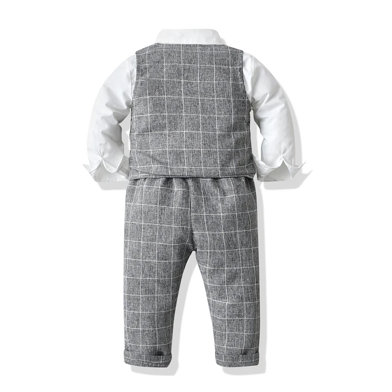 top and top Boys Casual Clothing Sets Kids Formal Outfit Long Sleeve White Bowtie Shirt+Plaid Vest+Pants 3Pcs Boy Suits Wedding