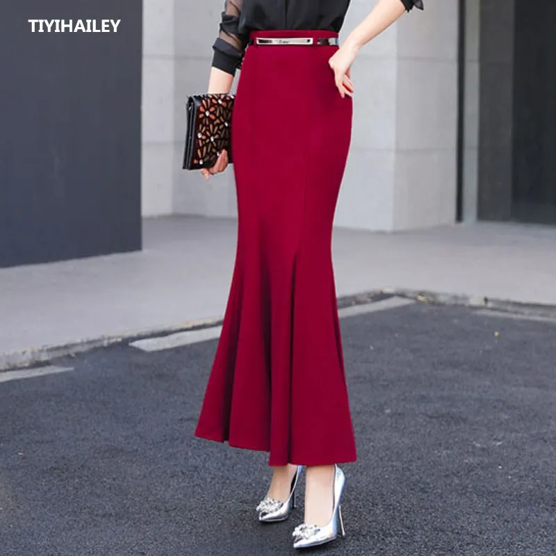 

TIYIHAILEY Free Shipping Fashion Long Maxi Cotton Skirt Women Plus Size S-3XL Mermaid Style Fish Tail Ladies Black Red Skirts