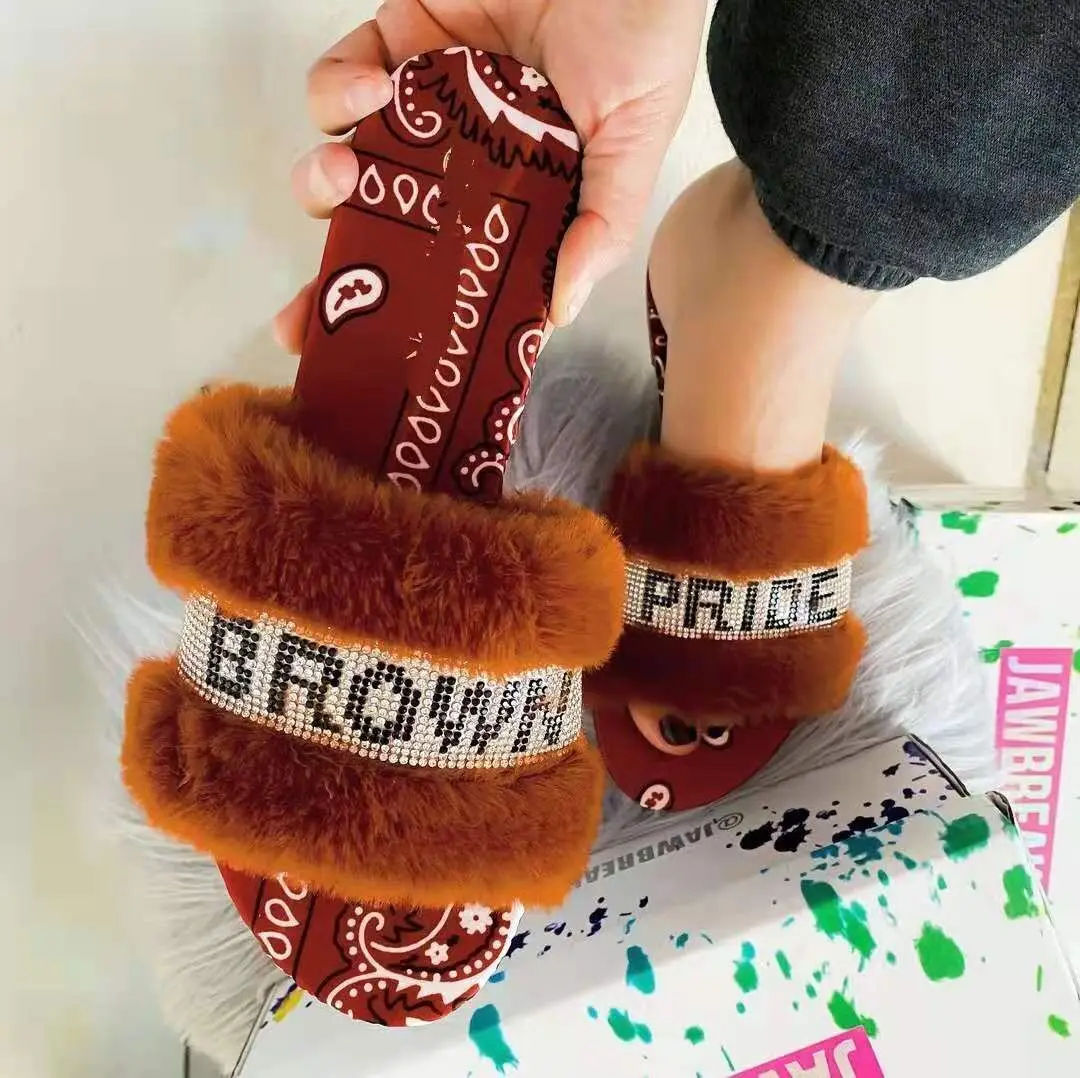 2024 new Women's Warm Slipper Crystal Soft Ladies Shoes Woman Female Shoe Rhinestone Decor Fluffy Slippers