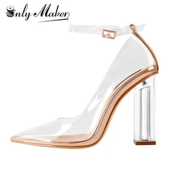 Onlymaker Women Clear Pumps Pvc Pointed Toe Ankle Strap Block Chunky High Heel Dress Big Size Shoes