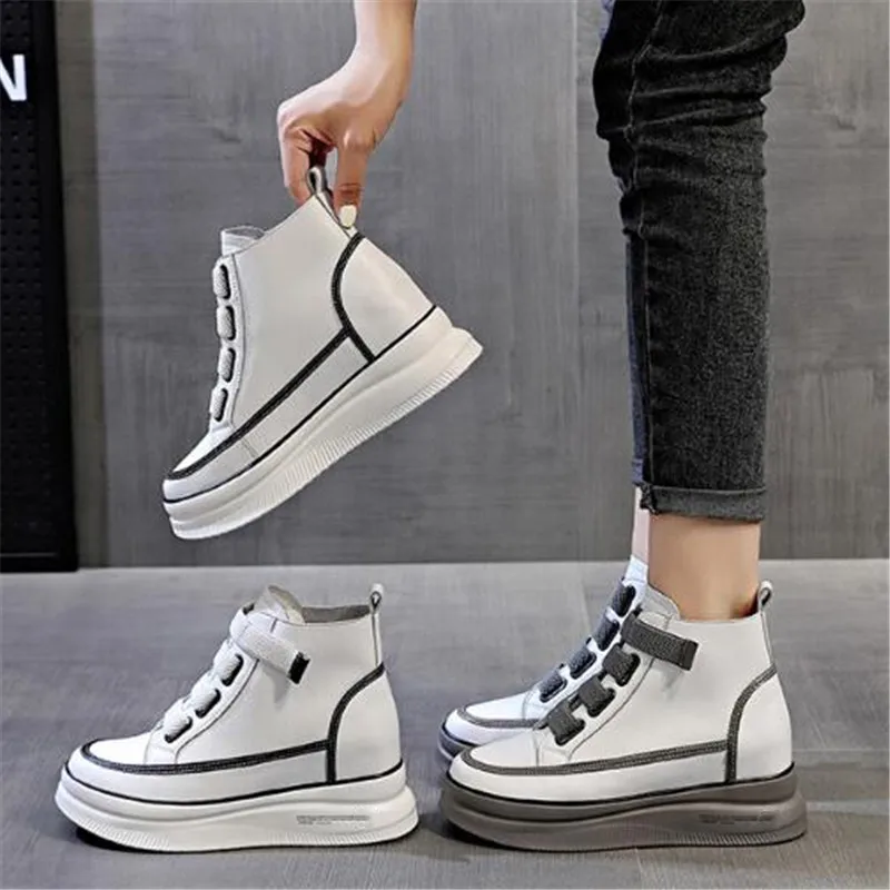 2024 New Autumn Winter Genuine Leather Shoes Platform Increased Within Heighten Shoes Wedges Comfort Casual Sneakers Women Shoes