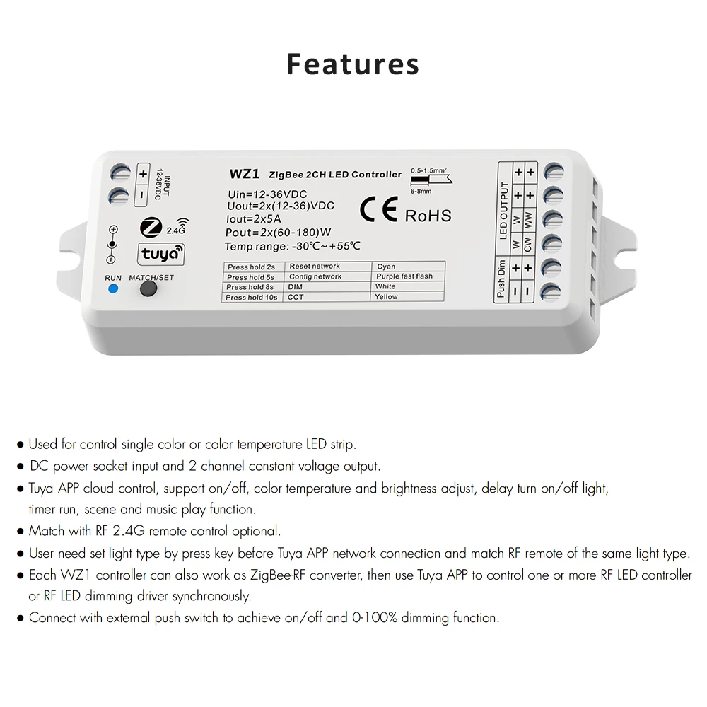 Tuya Zigbee LED Dimmer Switch 12V 24V DC 2CH 10A Smart Wifi 2.4G RF Remote Cloudy Voice Control Push Dimming CCT Controller WZ1