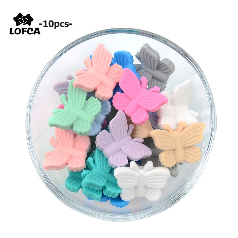 LOFCA  Butterfly Beads Silicone 10pcs Teethers BPA Free DIY Loose Bead For Teething Necklace Animal Shaped Cute Teething Toys