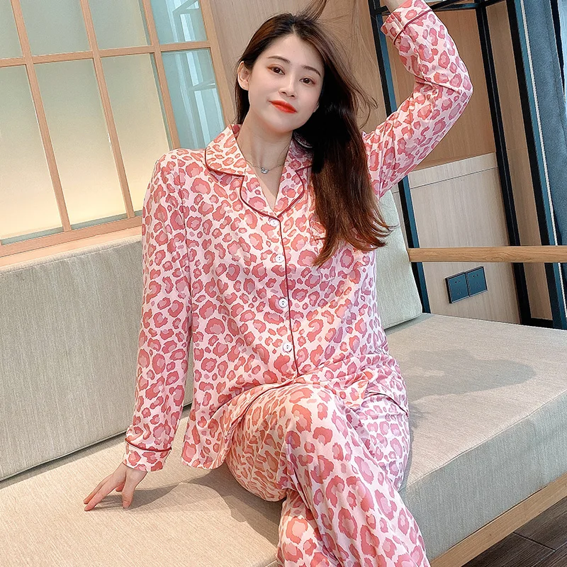 Pijama Femenino De Manga Larga Con Conjunto PantalonesPijama De MangaDe Estampado De Leopardo Rosa, Larga Para Mujer,