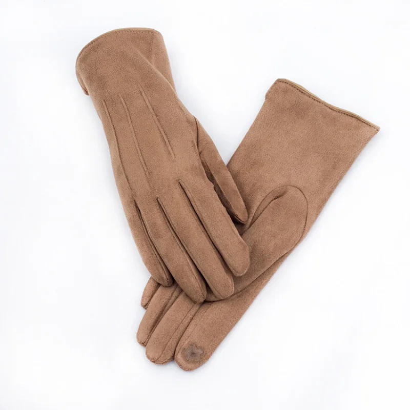 Women Winter Plus Velvet Keep Warm Touch Screen Thicken Stripe Solid Elasticity Suede Gloves Outdoor Sport Cycling Drive Mittens