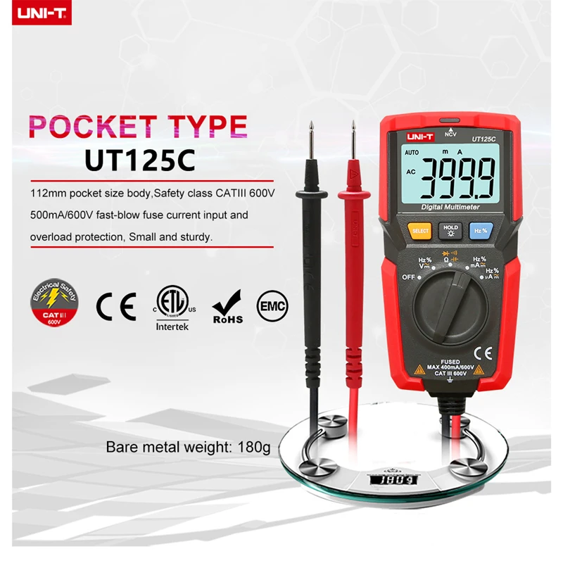UNI-T UT125C جيب صغير رقمي متعدد جهاز قياس درجة الحرارة المقاوم مكثف تردد ديود NCV اختبار عرض الجهد المنخفض