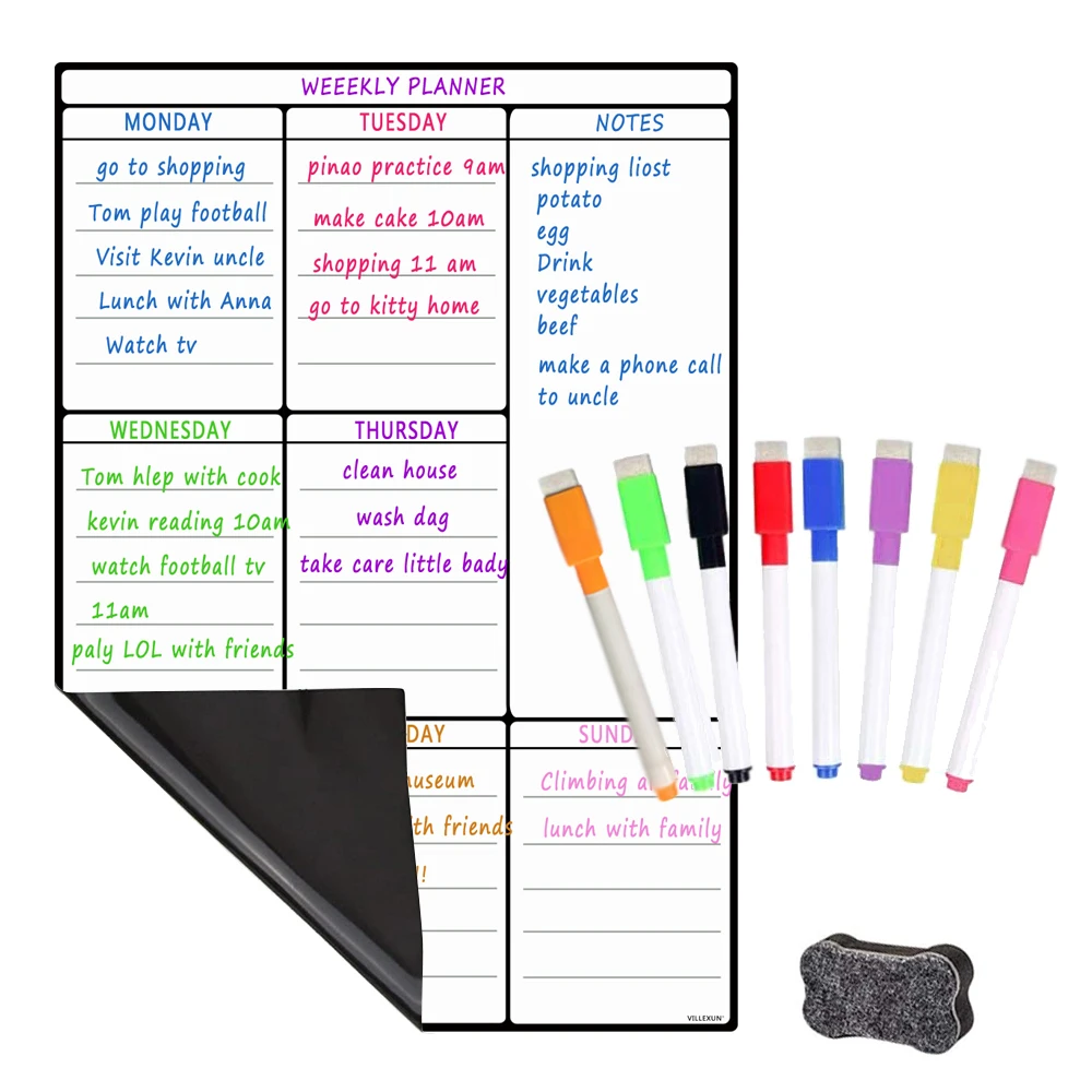 Hivillexun-Folha Magnetic Whiteboard para Geladeira, Multipurpose Frigorífico, Weekly White Board, Calendário para Menu com 8 Marcadores