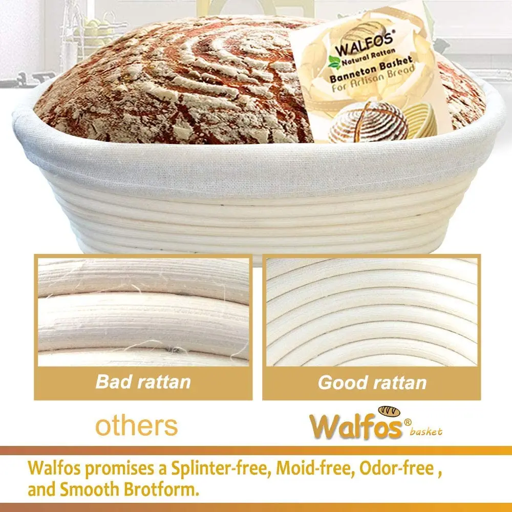 Walfos 10 inch Oval Banneton Proofing Basket Set - French Style Sourdough Bread Basket, 100% Natural Rattan