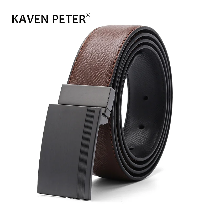 Luxury Leather Belt Men Plate Reversible Buckle With Toothpick Pattern Business Dress Belts Dropship Suppliers Black Blue Brown