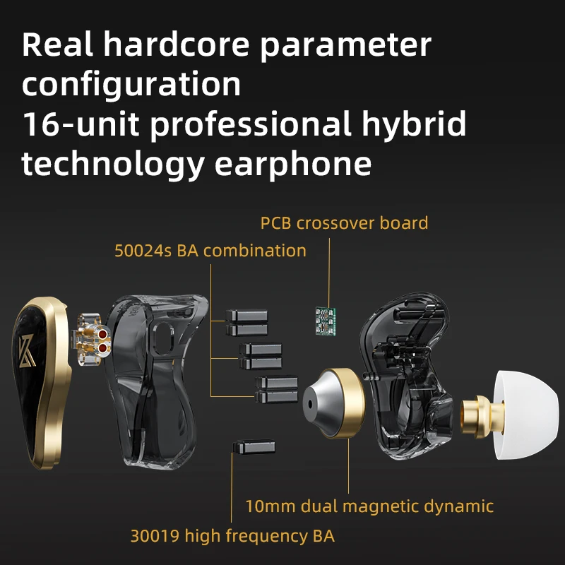 KZ ZAS Hybrid Technology 1DD+7BA Wired Earphone 16-Unit In-Ear HIFI Earplug Headphones With Microphone Noice Cancelling Headset