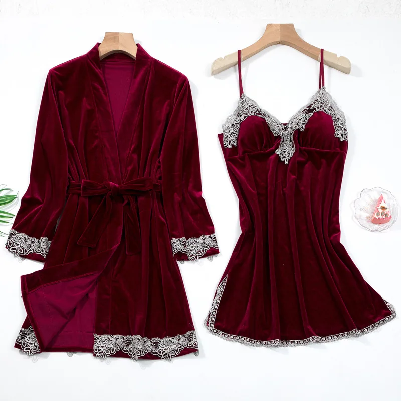 Spring Autumn Velour Sleepwear Soft 2PCS Nighty&Robe Suit Casual Nightwear Nightgown Velvet Kimono Bathrobe Gown Nightdress