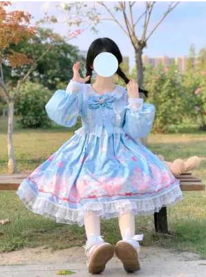 Vestido de princesa de lolita op loli para chica, ropa de fiesta de té con lazo, manga abombada, vintage, bonito, estampado de cintura alta