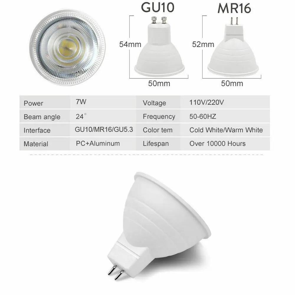 Imagem -02 - Lâmpada Led Cob Spotlight Regulável Lâmpada Branca Quente e Fria Decoração de Casa e Escritório Gu10 Mr16 Gu5.3 7w 220v Pcs por Conjunto