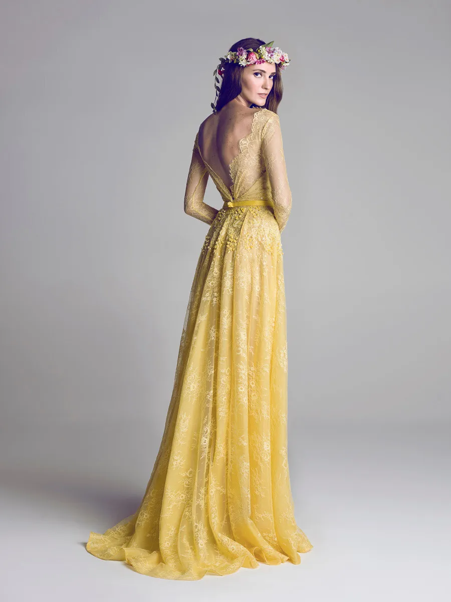 B3028 Yellow Lace Long Sleeve See Through A Line Bridesmaid Dresses Vestido De Dama De Honor