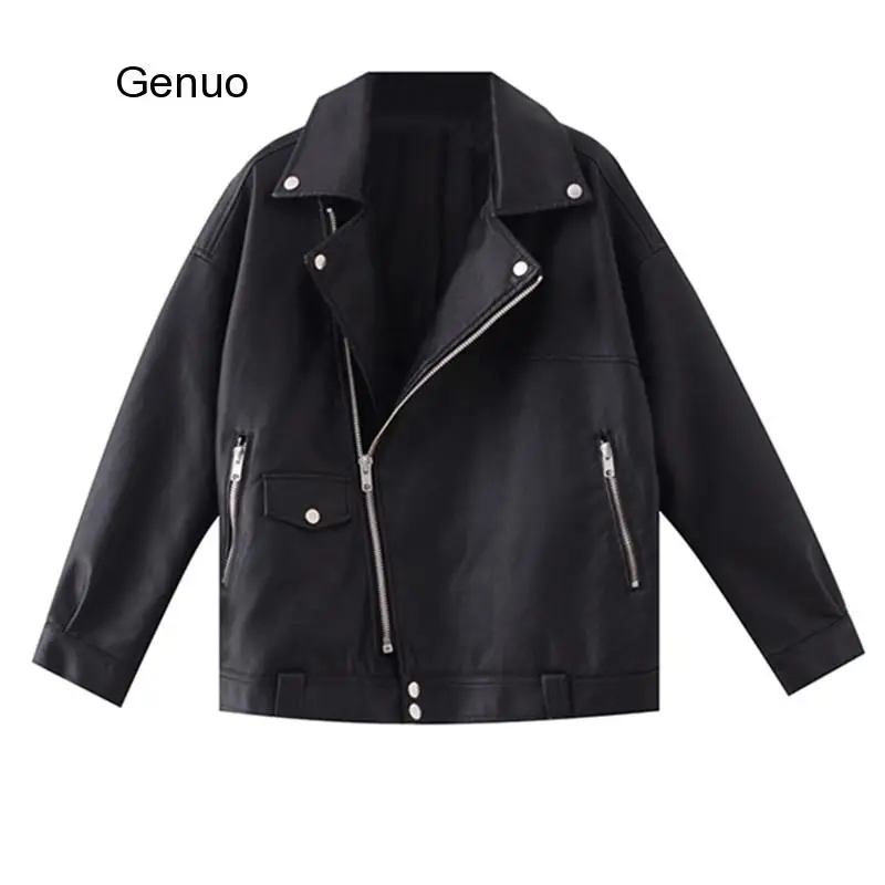 

Autumn Faux Soft Leather Pu Jacket Women Loose Punk Coat Female Turndown Collar Moto Biker Rivet Zipper Street Overcoat