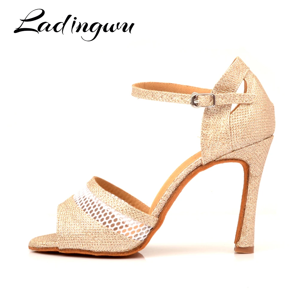 Ladingwu-zapatos de baile con malla transpirable y purpurina para mujer, calzado de baile latino, color champán/blanco, profesional, novedad de