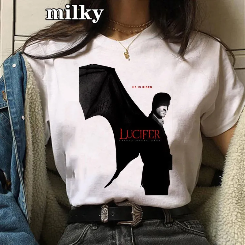 Lucifer Morningstar T Shirt Women Streetwear Funny Tops Tee Harajuku New Vintage Tshirts Tv Show Casual Graphic Female T-shirt