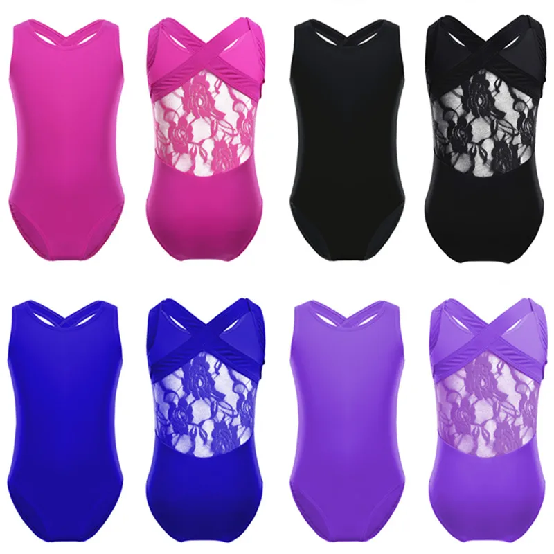 Kids Praktijk Dancewear Bloemen Kant Terug Stretchy Sport Bodysuit Meisjes Ballet Gymnastiek Turnpakje Concurrentie Dans Kostuum