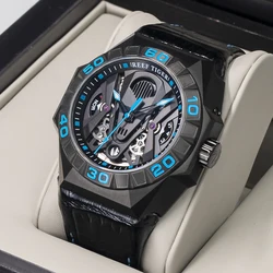 Reef Tiger/RT Limited Watch Men Automatic Mechanical All Black Blue Skeleton Waterproof  Leather Strap Relogio Masculino RGA6912