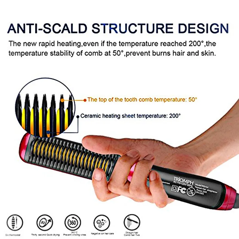Щетка для выпрямления волос, горячая расческа, Ионная Щетка для выпрямления с защитой от ожогов, быстро нагревающаяся керамическая портативная Расческа для горячего выпрямления