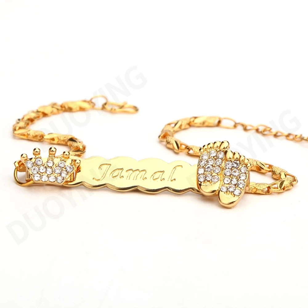 

2021 New Custom Baby Name Footprint Bracelet Personlized Crown Zircon Cute Nameplate Bar With Birthstone for Cute Jeweley Gift