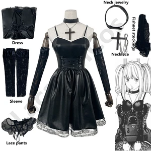 Death Note Cosplay Kostüm, Misa Amane İmitasyon Deri Seksi Elbise, Takı, Boyun, ayakkabı, Çorap, ve Yaka, Giysi, Üniforma, Cadılar Bayramı için Peruk Satış çubuğu kolyesinde ilk 10-siyah no. 6