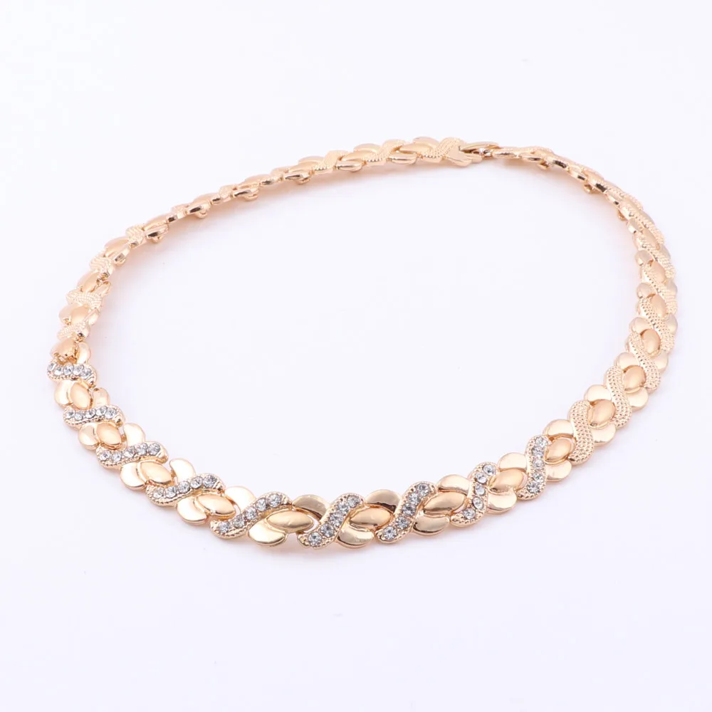 New Design Ladies Gold Color Crystal Necklace Ring Earring Bracelet Wedding Travel Party Gift Jewelry Set