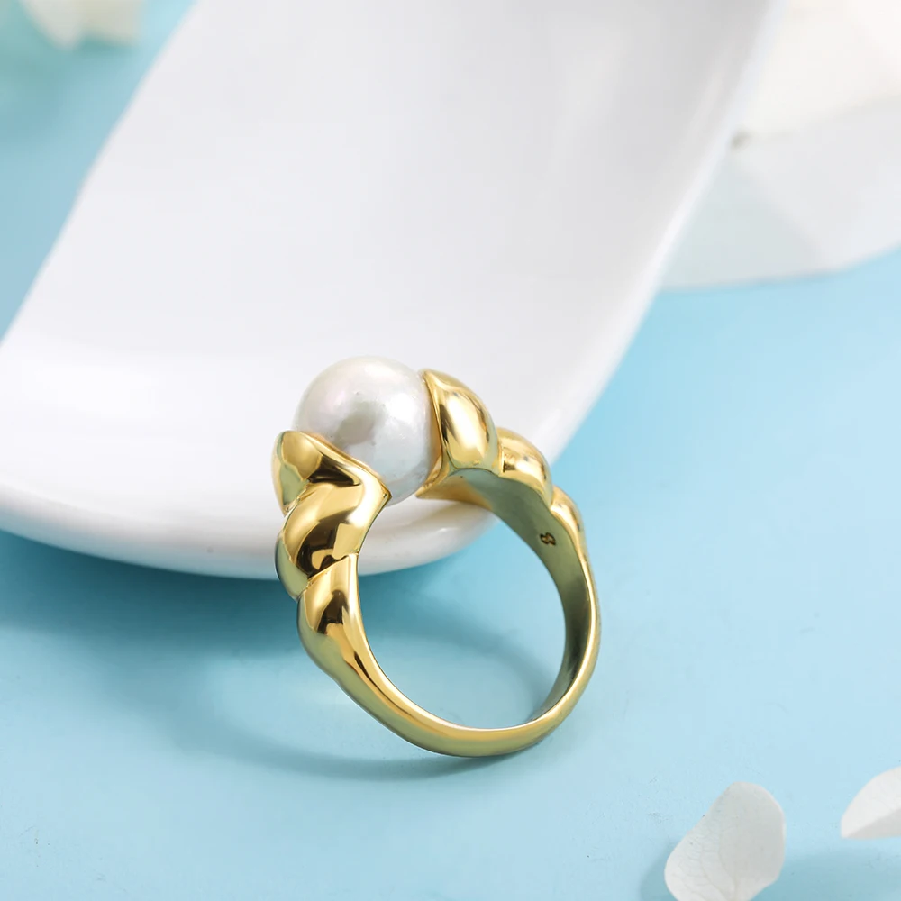 Vintage Croissant Chunky Ring Adjustable Round White Pearl Beads Green Stone Rings for Women Charm Wedding Jewelry Gift