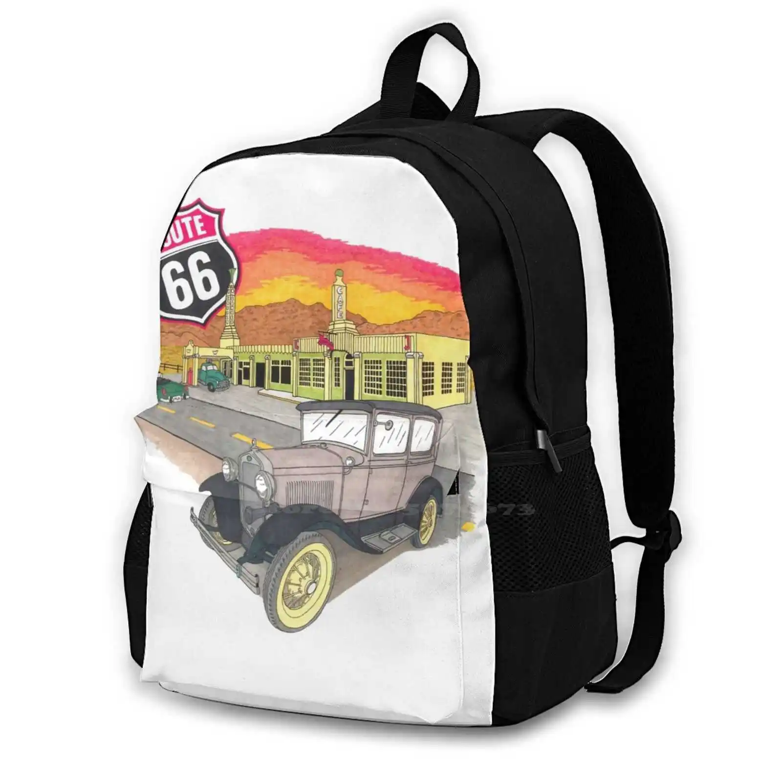 

Route 66 Sunset Design School Bags Travel Laptop Backpack Route 66 Highway Truck Vehicle Artist Color Sunset Cars Freeway
