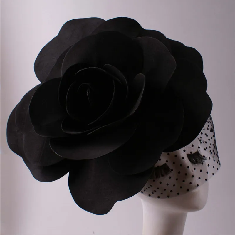 Big Rose Flower Headdress Black Red Veil Floral Headgear Festival Party Dance Singer Show Stage Accessories Performance Ornament