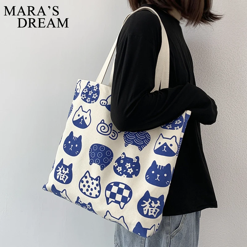 Mara\'s Dream Women Canvas BagsCat Print Tote Shopping Bags Casual Cloth Shoulder Bag For Girls Ladies Shopper Bags With Zipper