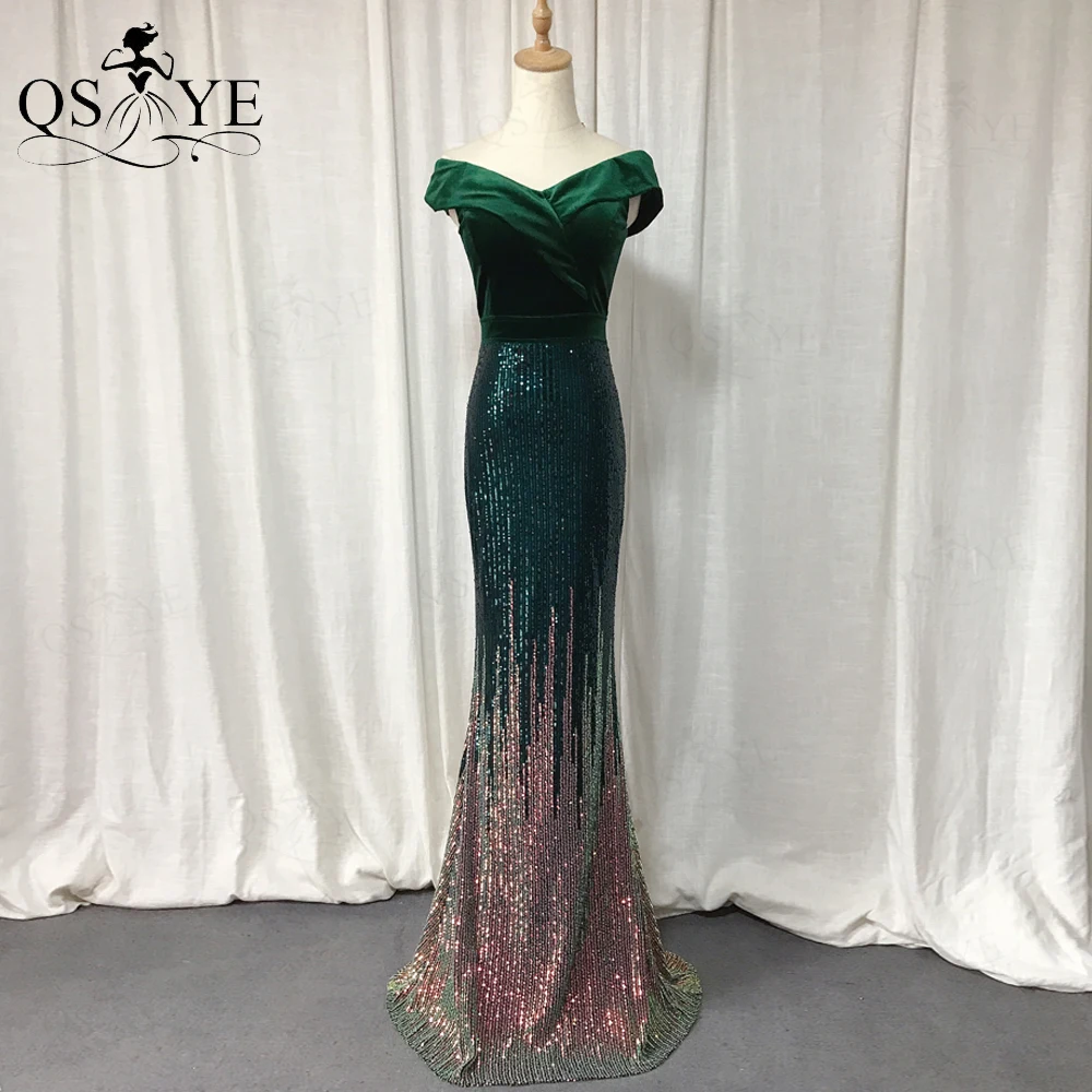 

Emerald Velvet Evening Dresses Mermaid Off Shoulder Fading Sequin Lace Gown Velvet Party Dress Elegant Fitted Green Formal Gown