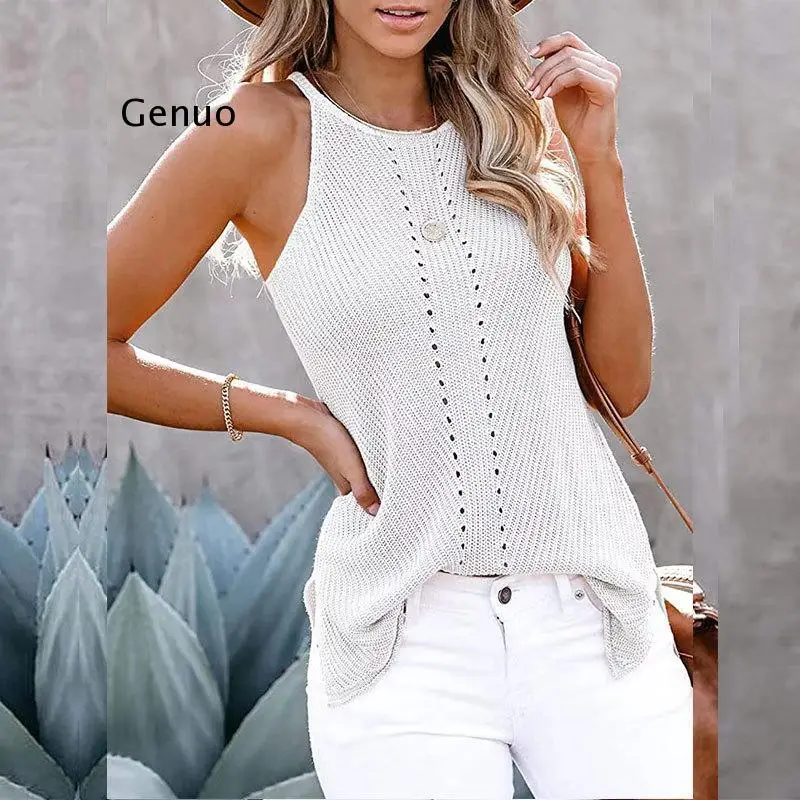 Fashion Halter Open Shoulder Crochet Tanks Tops Sleeveless O-Neck Fitness Summer Tops Casual Hollow Out Front Knitwear