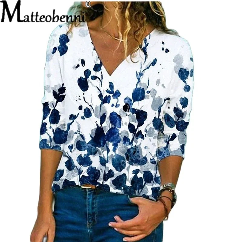 Summer New Boho Flower Blouses Womens Fashion Shirt V-Neck 3/4 Sleeve Flower Print Shirt Tops Casual Loose Ladies Floral Blouse