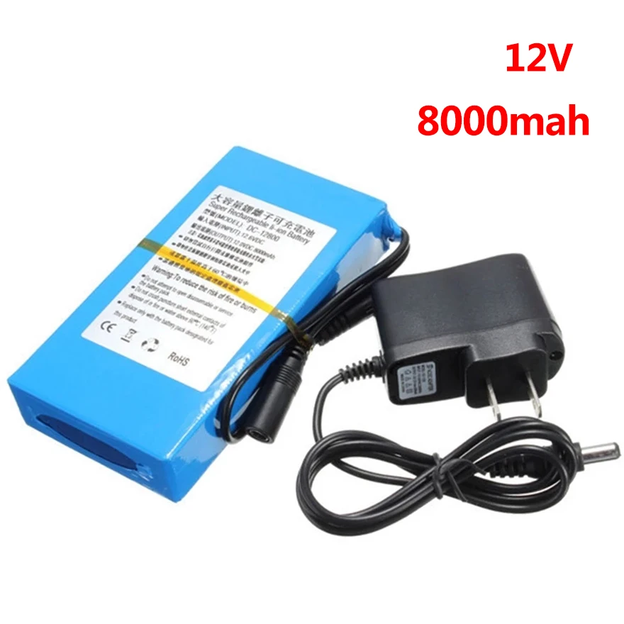 Portable 12V Battery Pack 8000mAh DC 12.6V Rechargeable Lithium Battery for CCTV Monitoring Motor LED Outdoor Standby Power Cell