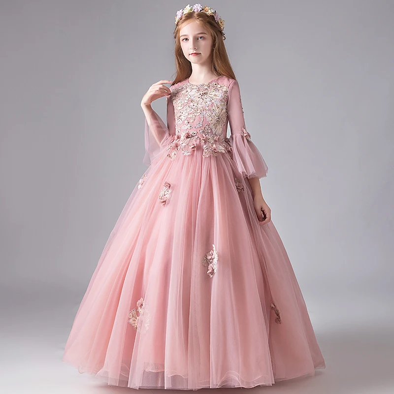 Pink Lace Kids Bridesmaid Flower Girl Dresses for Party Wedding  Flare Sleeve Pageant Princess Dress Kids First Communion Gown