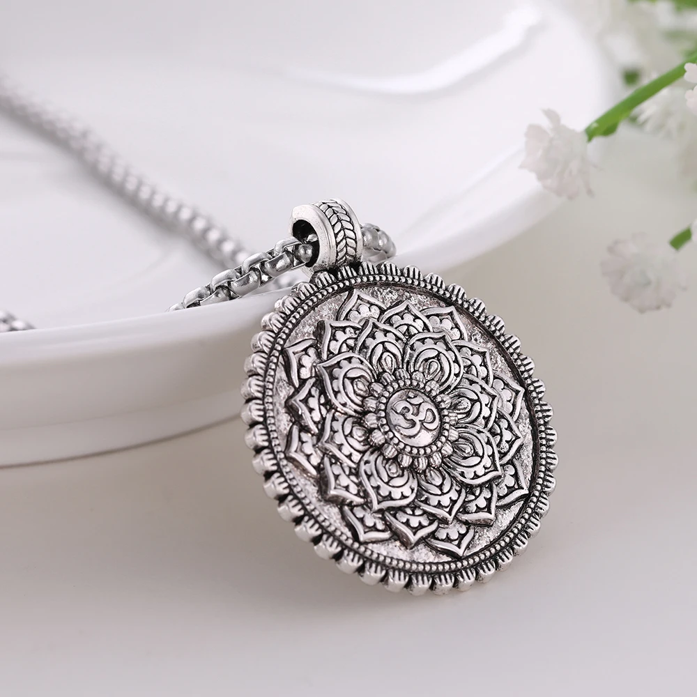 Skyrim Flower of Life Indian Om Yoga Chakra Pendant Necklace Men Vintage Mandala Amulet Stainless Steel Chain Necklaces Jewelry