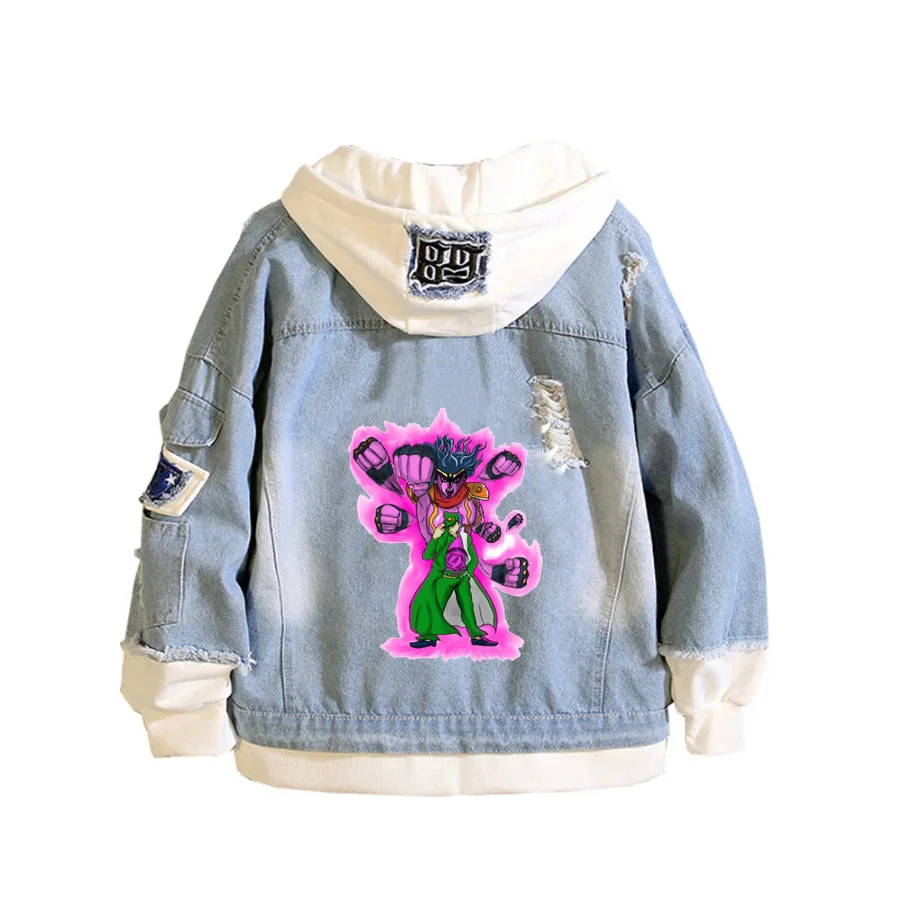 

Anime JoJo's Bizarre Adventure Coat Teens cowboy Jacket Casual Denim Hooded Loose coat Frayed Ripped Hole Jean Jacket