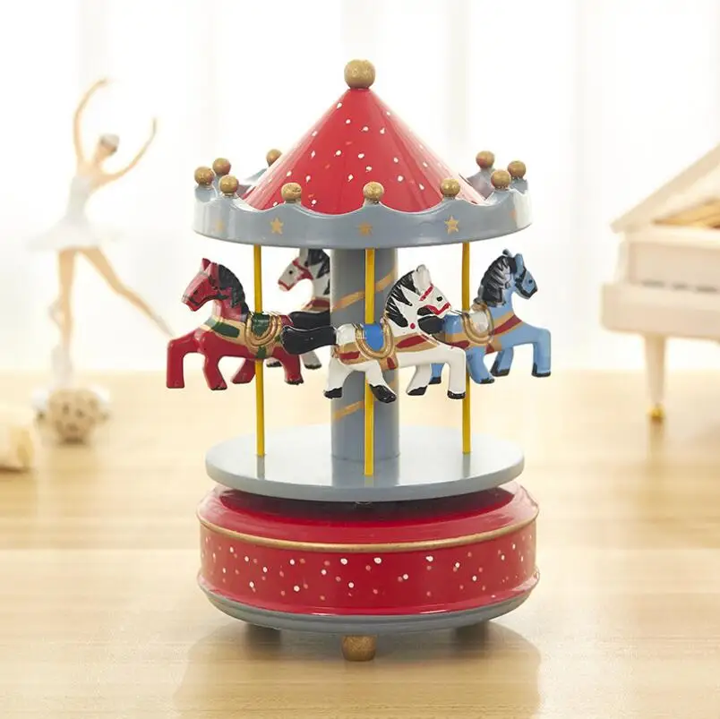 Wooden Carousel Music Box Vintage Merry-Go-Round Horse Music Boxes Baking Cake Decoration Top Christmas Birthday Gifts