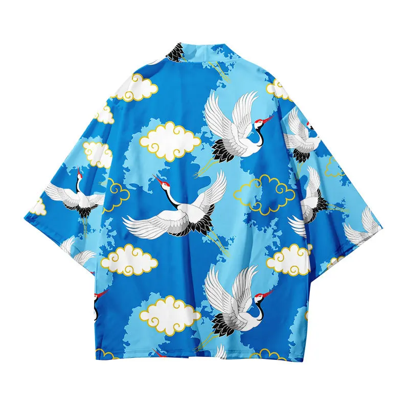 Fashion Blue Harajuku Japanese Style Samurai Kimono Men Women Cardigan Blouse Haori Obi Asian Clothes Plus Size XXS-4XL