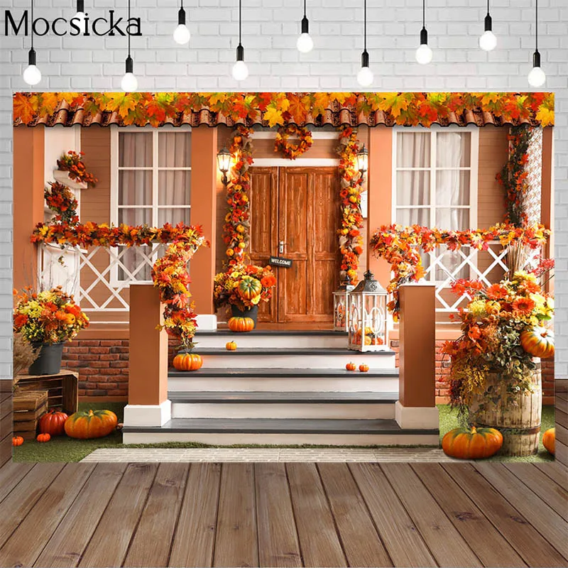 Halloween Photography Background Autumn Harvest Courtyard Maple Leaf Little Pumpkin Decor Child Portrait Backdrops Photo Studio